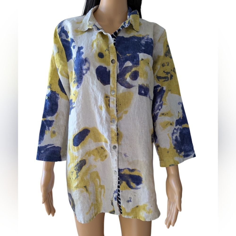 Earl Rutenberg Linen Button Down Shirt Blue & Green Tie Dye